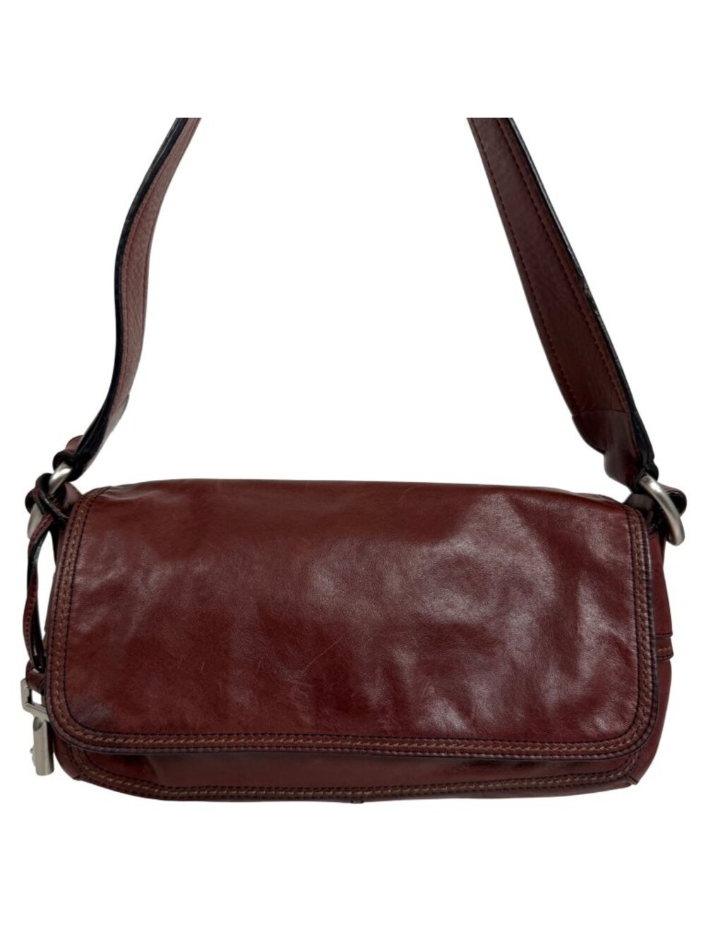 VTG Fossil Reddish Brown Leather Barrel Shoulder Bag w/ Silver Tone Key Charm